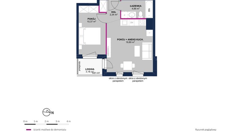 Rzut - Mieszkanie na sprzedaż 2 pokoje o powierzchni 37,17 m² - numer 98 w Moja Północna Etap III