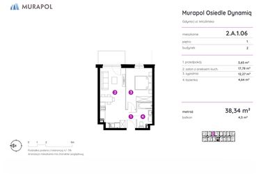 Rzut - Mieszkanie na sprzedaż 2 pokoje o powierzchni 38,34 m² - numer 2.A.1.06 w Murapol Osiedle Dynamiq