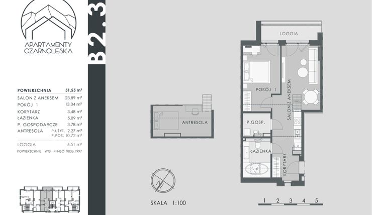 Rzut - Mieszkanie na sprzedaż 2 pokoje o powierzchni 51,55 m² - numer B2.3 w Apartamenty Czarnoleska