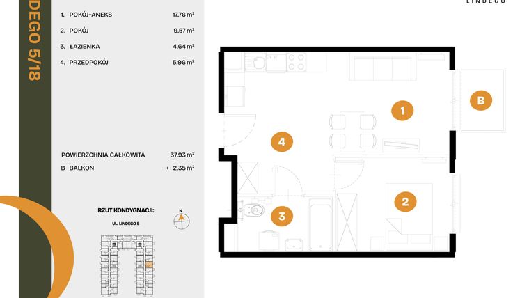 Rzut - Mieszkanie na sprzedaż 2 pokoje o powierzchni 37,93 m² - numer 18 w CLOU LINDEGO