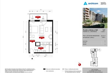 Rzut - Mieszkanie na sprzedaż 1 pokój o powierzchni 42,3 m² - numer K.127 w Wieża Jeżyce etap V