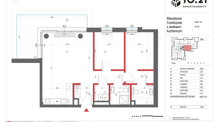 Rzut - Mieszkanie na sprzedaż 3 pokoje o powierzchni 69,61 m² - numer 23 w SO.21