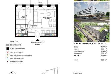 Rzut - Mieszkanie na sprzedaż 2 pokoje o powierzchni 38,55 m² - numer 1.23 w Apartamentowiec Zwycięska 3 - inwestycyjne