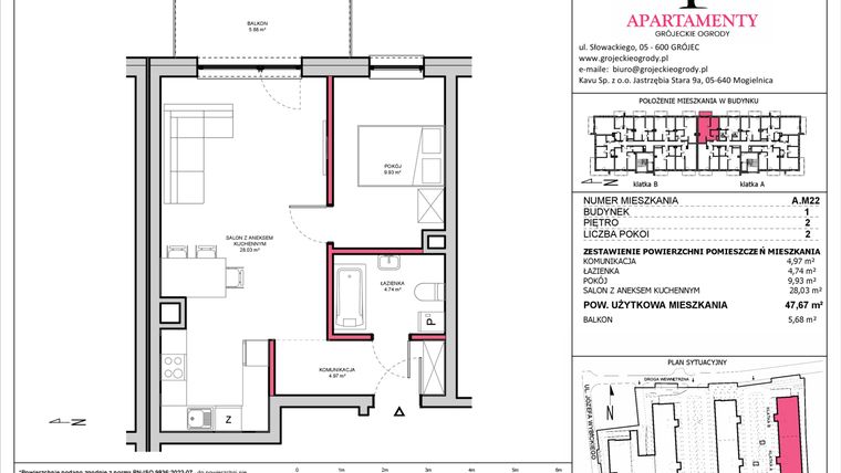 Rzut - Mieszkanie na sprzedaż 2 pokoje o powierzchni 47,67 m² - numer A.22 w Apartamenty Grójeckie Ogrody