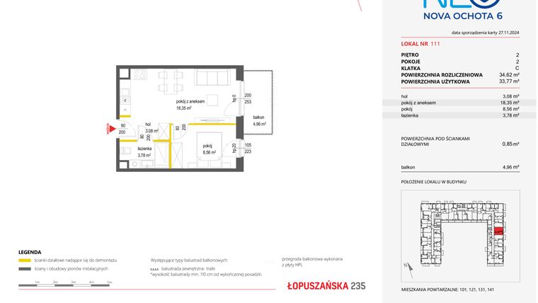 Rzut - Mieszkanie na sprzedaż 2 pokoje o powierzchni 33,78 m² - numer 111 w Neo Nova Ochota 6