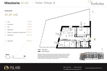 Rzut - Mieszkanie na sprzedaż 3 pokoje o powierzchni 51,91 m² - numer K1.01 w Korkowa 146