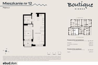 Rzut - Mieszkanie na sprzedaż 2 pokoje o powierzchni 42,74 m² - numer 12 w Boutique NIEMCZ