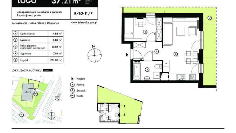 Rzut - Mieszkanie na sprzedaż 2 pokoje o powierzchni 37,21 m² - numer R-LG-11-7 w os. Dąbrówka – Leśna Polana