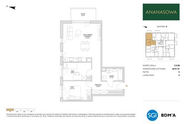 Rzut - Mieszkanie na sprzedaż 3 pokoje o powierzchni 64,91 m² - numer C.2.06 w Ananasowa