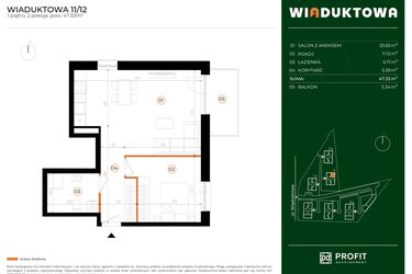 Rzut - Mieszkanie na sprzedaż 2 pokoje o powierzchni 47,33 m² - numer 11.12 w Wiaduktowa