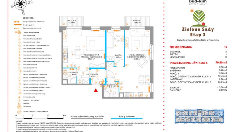Rzut - Mieszkanie na sprzedaż 3 pokoje o powierzchni 79,9 m² - numer 17 w Zielone Sady etap III