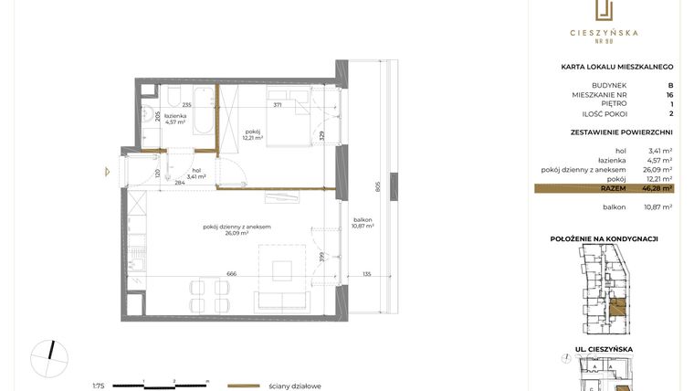 Rzut - Mieszkanie na sprzedaż 2 pokoje o powierzchni 46,25 m² - numer B-16 w Cieszyńska 9 budynek B i C
