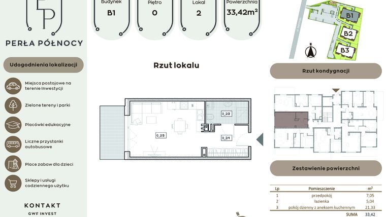Rzut - Mieszkanie na sprzedaż 1 pokój o powierzchni 33,42 m² - numer B1.0_2 w Perła Północy etap 2