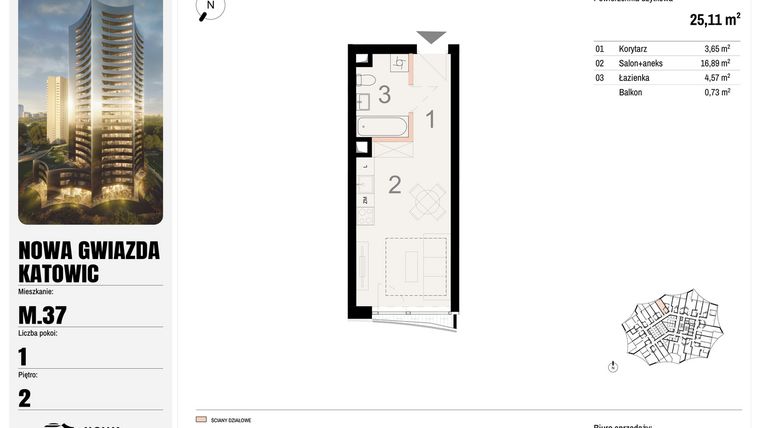 Rzut - Mieszkanie na sprzedaż 1 pokój o powierzchni 25,11 m² - numer M.37 w Nowa Gwiazda