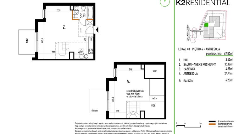 Rzut - Mieszkanie na sprzedaż 1 pokój o powierzchni 67,5 m² - numer 48 w Kowalskiego 37