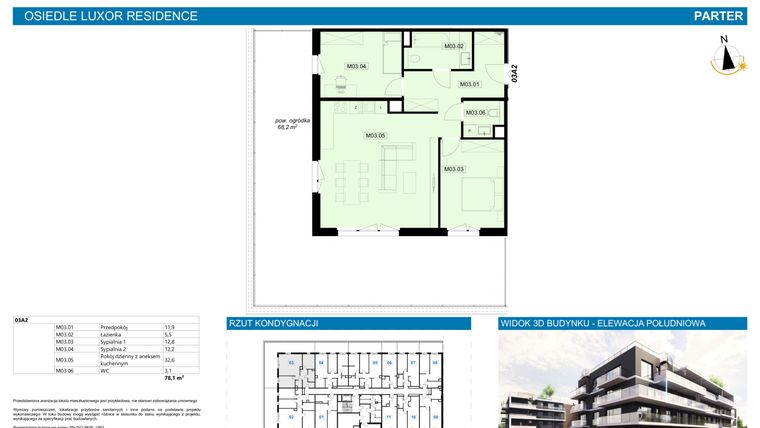Rzut - Mieszkanie na sprzedaż 3 pokoje o powierzchni 78,1 m² - numer A2.3 w Luxor Residence