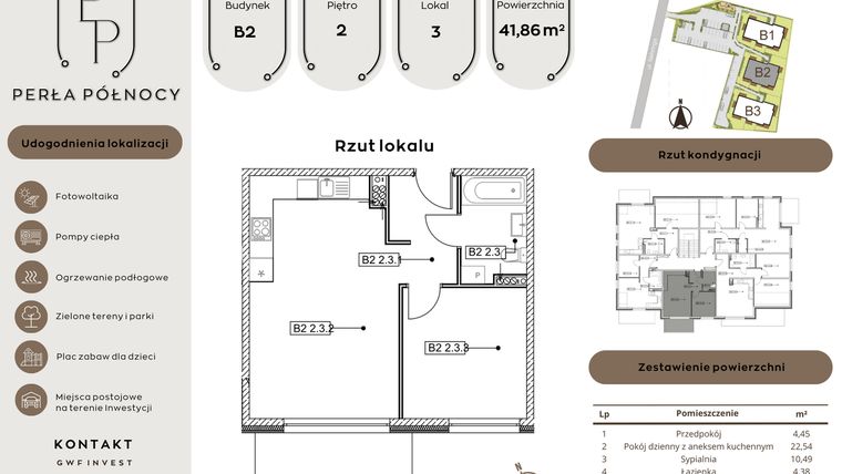 Rzut - Mieszkanie na sprzedaż 2 pokoje o powierzchni 41,86 m² - numer B2.2_3 w Perła Północy etap 2