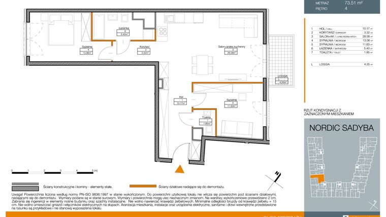 Rzut - Mieszkanie na sprzedaż 3 pokoje o powierzchni 73,51 m² - numer E46 w Nordic Sadyba