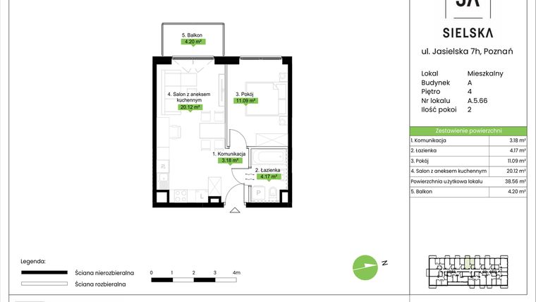 Rzut - Mieszkanie na sprzedaż 2 pokoje o powierzchni 38,56 m² - numer A.5.66 w JA_SIELSKA V