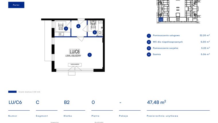 Rzut - Lokal użytkowy na sprzedaż 4 pokoje o powierzchni 47,48 m² - numer LU/C6 w Przy Bursztynowej