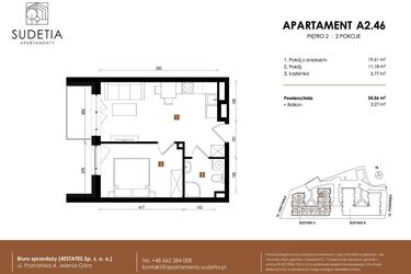 Rzut - Mieszkanie na sprzedaż 2 pokoje o powierzchni 34,56 m² - numer A 2.46 w Apartamenty Sudetia