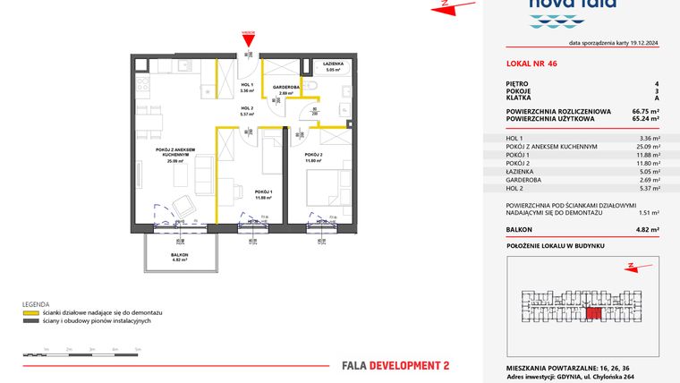 Rzut - Mieszkanie na sprzedaż 3 pokoje o powierzchni 66,75 m² - numer 46 w Miasteczko Nova Fala