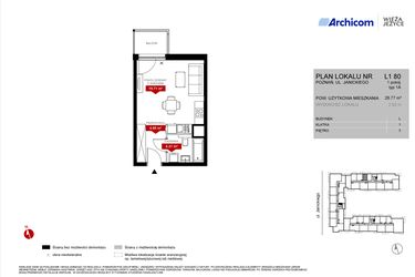 Rzut - Mieszkanie na sprzedaż 1 pokój o powierzchni 28,77 m² - numer L1.80 w Wieża Jeżyce etap VI
