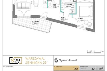 Rzut - Mieszkanie na sprzedaż 2 pokoje o powierzchni 42,11 m² - numer 30 w Siennicka 29