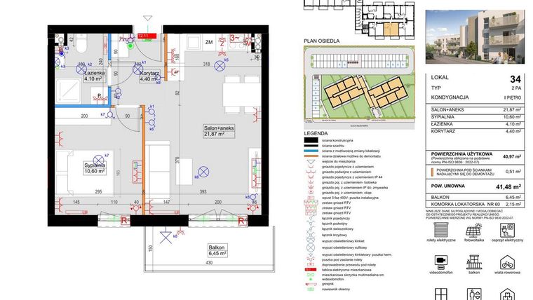 Rzut - Mieszkanie na sprzedaż 2 pokoje o powierzchni 40,97 m² - numer 34 w Harmony Antoninek