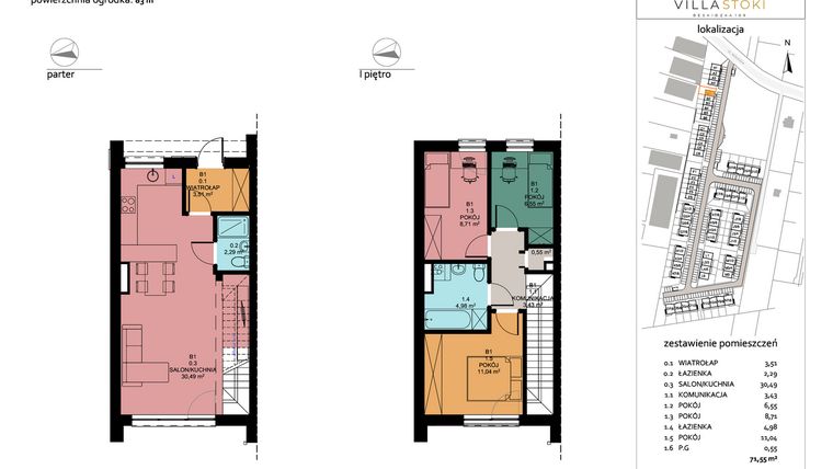 Rzut - Dom na sprzedaż 4 pokoje o powierzchni 71,55 m² - numer B1 w Villa Stoki (domy)