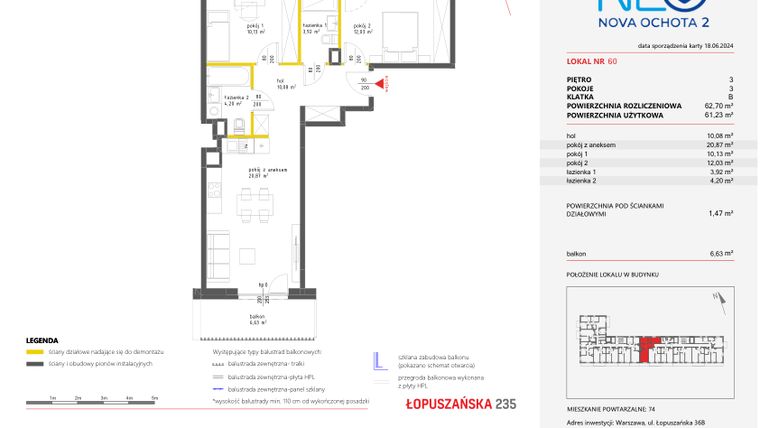 Rzut - Mieszkanie na sprzedaż 3 pokoje o powierzchni 62,7 m² - numer 60 w Neo Nova Ochota 2
