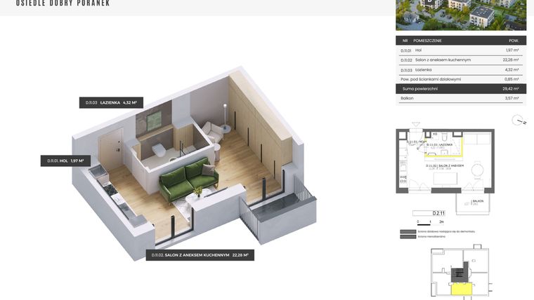 Rzut - Mieszkanie na sprzedaż 1 pokój o powierzchni 29,42 m² - numer D.2.11 w Dobry Poranek