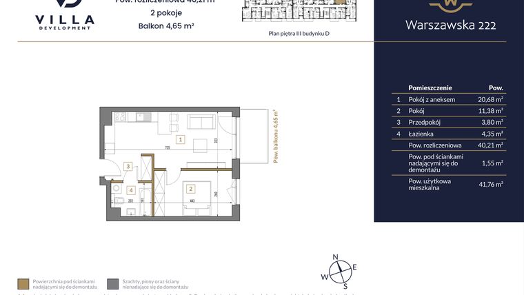 Rzut - Mieszkanie na sprzedaż 2 pokoje o powierzchni 40,21 m² - numer 30 w Warszawska 222 bud. D