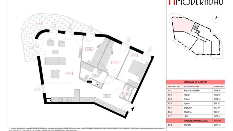 Rzut - Mieszkanie na sprzedaż 4 pokoje o powierzchni 109,97 m² - numer 5 w Willa Na Skarpie