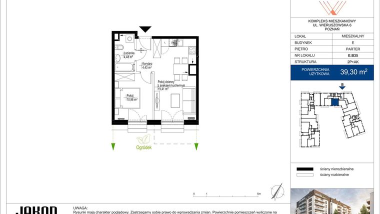 Rzut - Mieszkanie na sprzedaż 2 pokoje o powierzchni 39,3 m² - numer E.B35 w Wieruszowska E