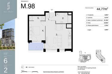 Rzut - Mieszkanie na sprzedaż 2 pokoje o powierzchni 44,77 m² - numer M98 w Sky Trust etap II