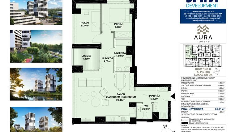 Rzut - Mieszkanie na sprzedaż 3 pokoje o powierzchni 65,6 m² - numer B.11.90 w Aura Towers
