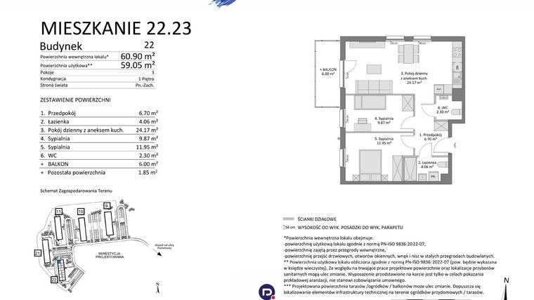 Rzut - Mieszkanie na sprzedaż 3 pokoje o powierzchni 59,05 m² - numer 22.23 w Osiedle Pastelowe etap IV