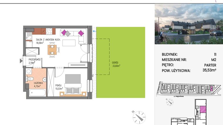 Rzut - Mieszkanie na sprzedaż 2 pokoje o powierzchni 35,53 m² - numer Bud.11-2 w Willa Magnolia