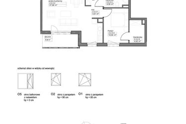 Rzut - Mieszkanie na sprzedaż 2 pokoje o powierzchni 52,53 m² - numer A.2.2.2 w Optima VIII