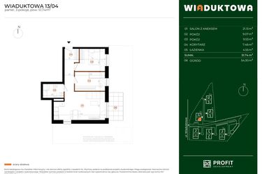 Rzut - Mieszkanie na sprzedaż 3 pokoje o powierzchni 51,74 m² - numer 13.04 w Wiaduktowa