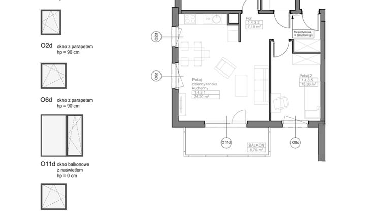 Rzut - Mieszkanie na sprzedaż 3 pokoje o powierzchni 61,24 m² - numer D.1.4.3 w Optima VII
