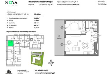 Rzut - Mieszkanie na sprzedaż 2 pokoje o powierzchni 45,6 m² - numer 10 w Nova Radiostacja