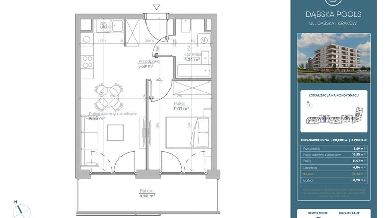 Rzut - Mieszkanie na sprzedaż 2 pokoje o powierzchni 37,35 m² - numer 96 w Dąbska Pools