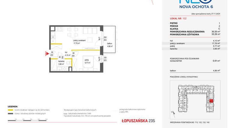 Rzut - Mieszkanie na sprzedaż 2 pokoje o powierzchni 35,6 m² - numer 102 w Neo Nova Ochota 6