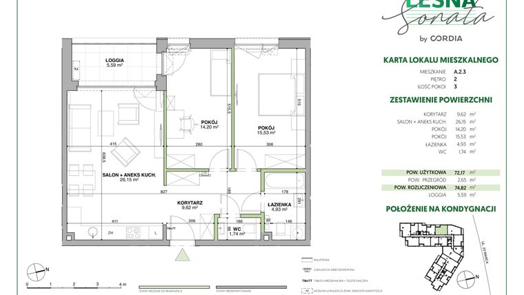 Rzut - Mieszkanie na sprzedaż 3 pokoje o powierzchni 74,9 m² - numer A.2.3 w Leśna Sonata
