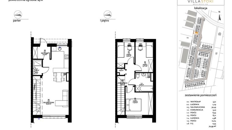 Rzut - Dom na sprzedaż 4 pokoje o powierzchni 71,55 m² - numer B6 w Villa Stoki (domy)