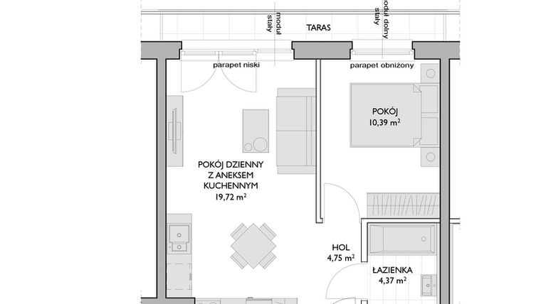 Rzut - Mieszkanie na sprzedaż 2 pokoje o powierzchni 39,23 m² - numer WO/P3/54 w Wiszące Ogrody
