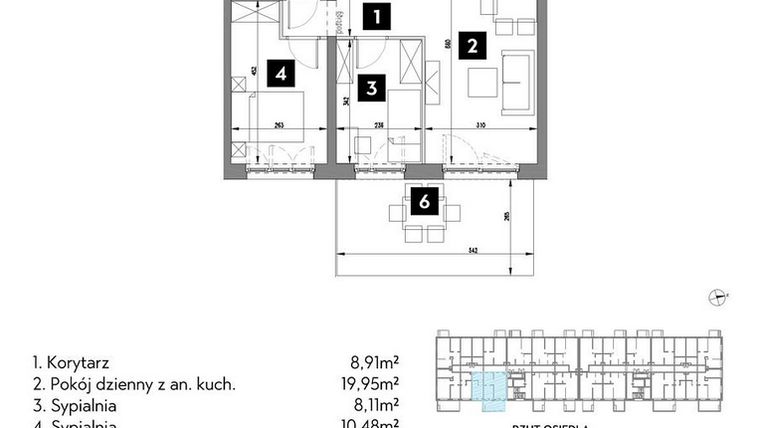 Rzut - Mieszkanie na sprzedaż 3 pokoje o powierzchni 52,36 m² - numer A1/1/3 w Metr Kwadrat
