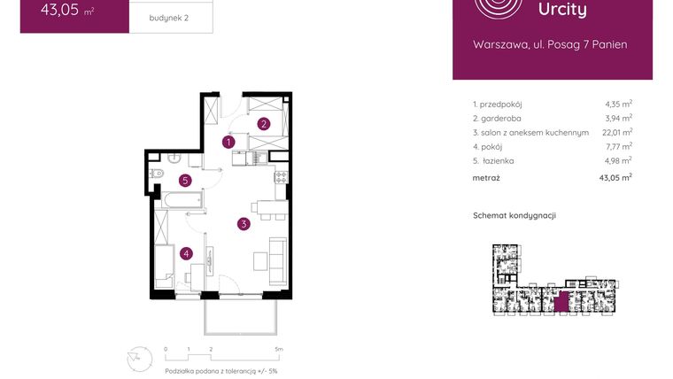 Rzut - Mieszkanie na sprzedaż 2 pokoje o powierzchni 43,05 m² - numer 2.A.7.05 w Murapol Urcity